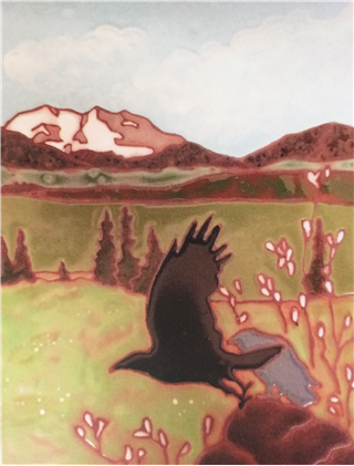 Vintage Flying Raven Tile Art Card by Nancy Hausle-Johnson