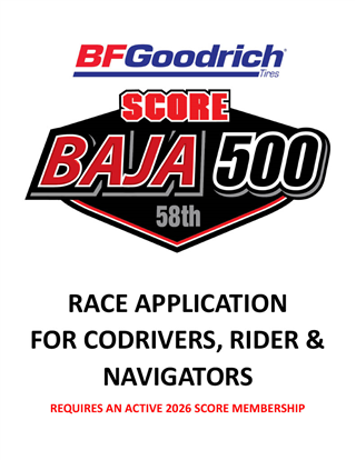 2026 Co-Driver, Co-Rider, Navigator Race Registration for the 58th Baja 500
